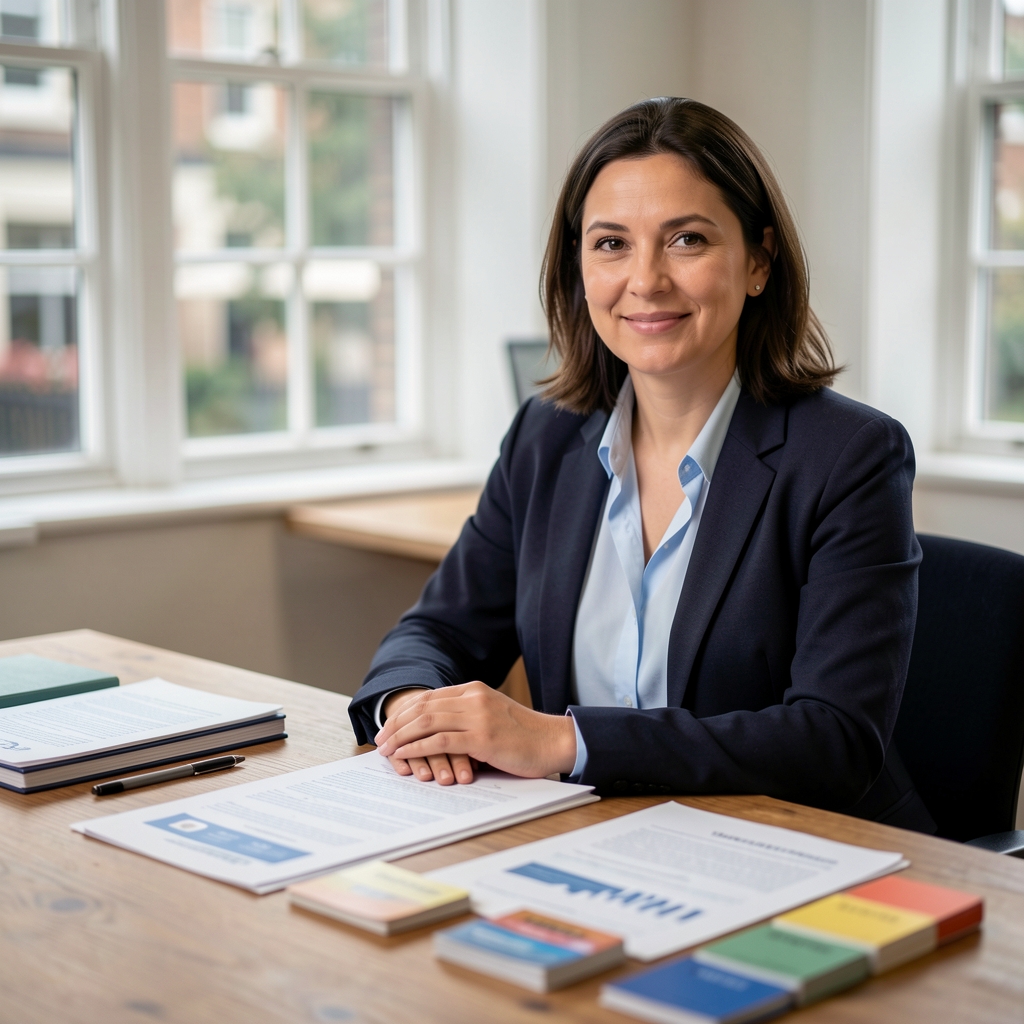 Portrait of a behaviour change specialist seated at a large wooden desk covered in notebooks, printed research documents, and reference cards in a well-lit London studio