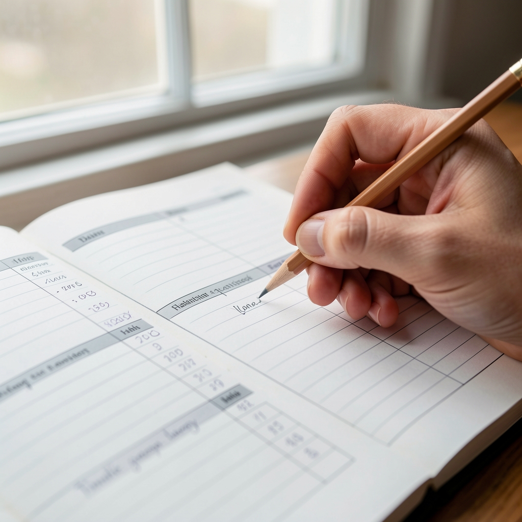 Close-up of a hand writing in a structured daily planner with habit tracking columns, a pencil resting on the page, diffused natural daylight from nearby window