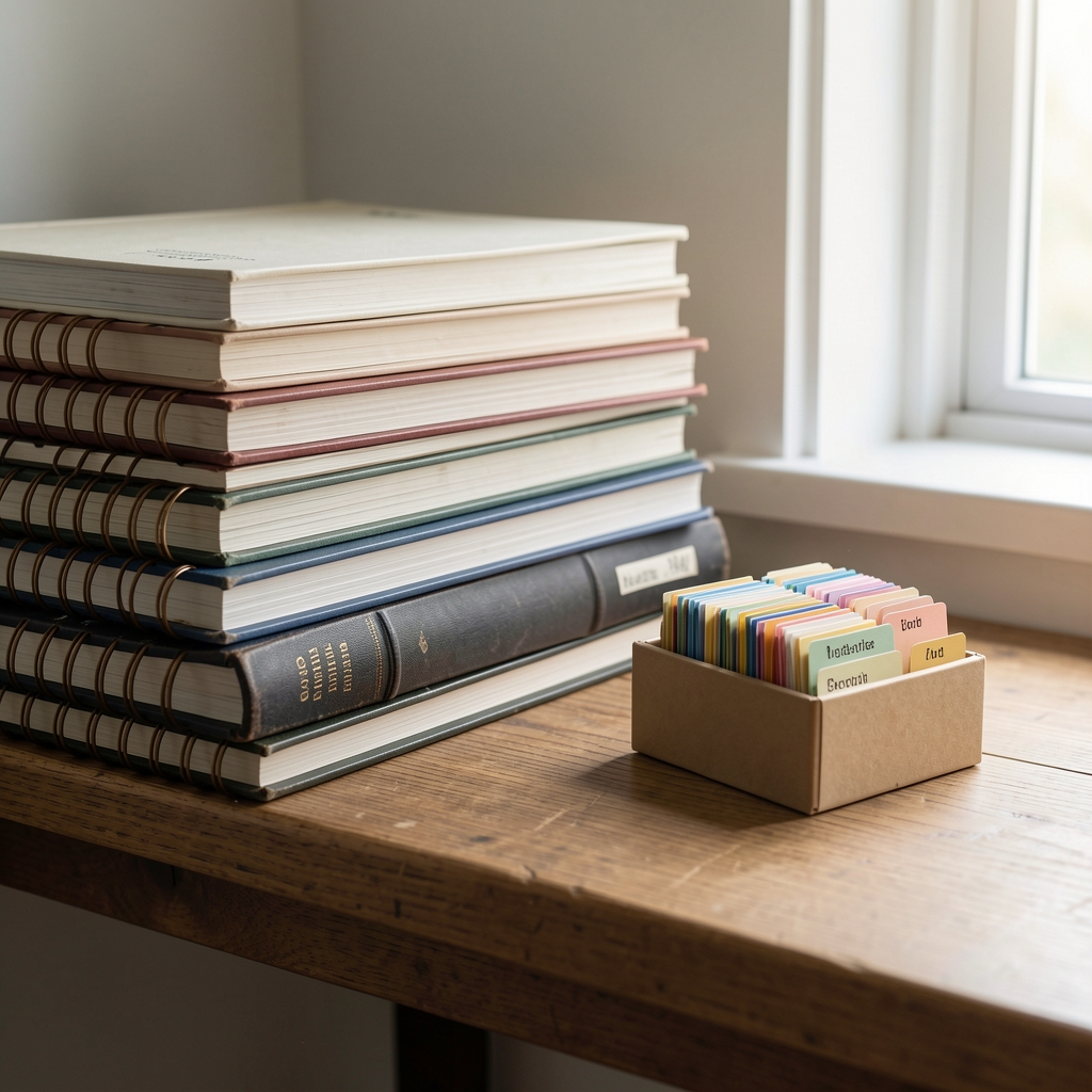 Stack of research notebooks and spiral-bound observation journals on a wooden shelf alongside a small archival box with tabbed index cards, well-lit workspace with natural light