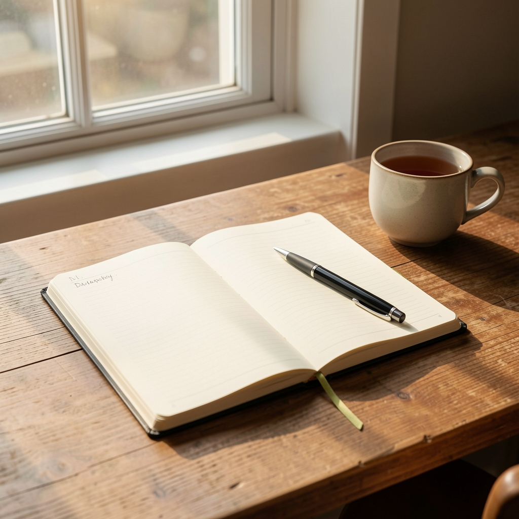 Open journal notebook on a wooden desk with a pen, cup of tea, and natural morning light streaming through a window — daily habit tracking setup