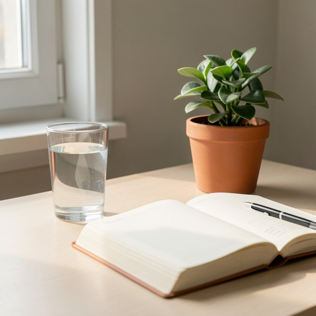 Minimalist morning routine setup with a glass of water, open journal, and single potted plant on a light-coloured desk surface, soft early morning ambient light