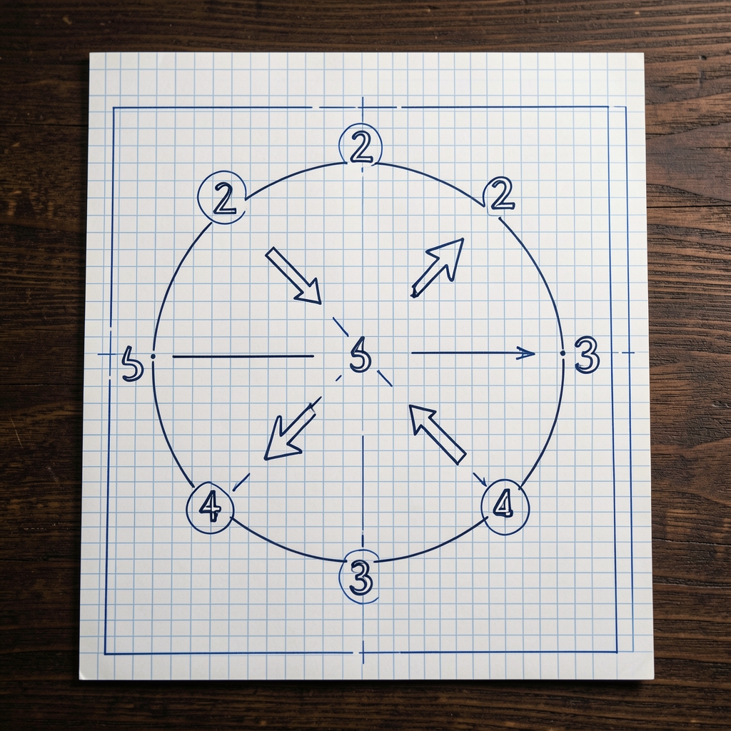 Blueprint-style diagram of the four-phase behaviour change process drawn on graph paper, with numbered phases and connecting arrows, photographed on a dark wooden surface under bright controlled lighting