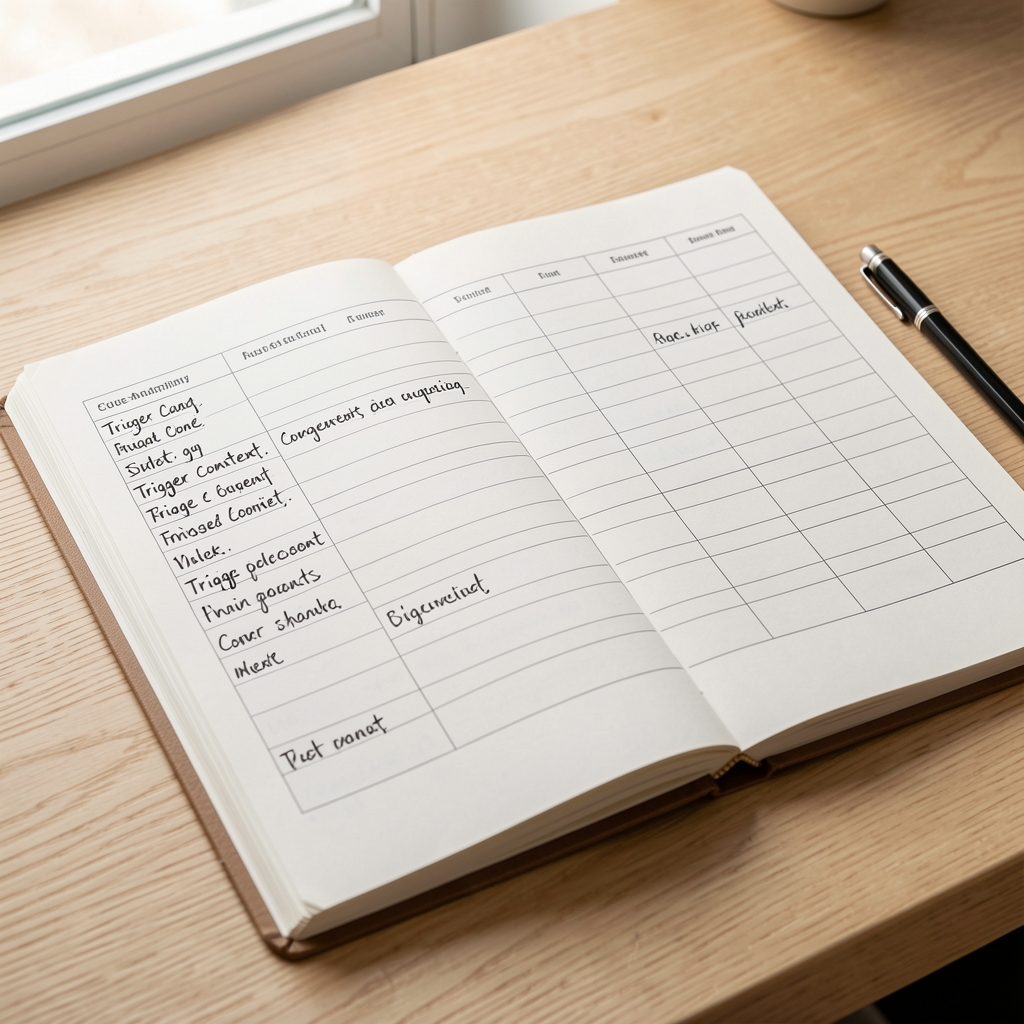 Open cue-mapping worksheet on a light wooden desk, with handwritten trigger context entries across multiple columns, a pencil resting on the page, soft natural daylight from the side