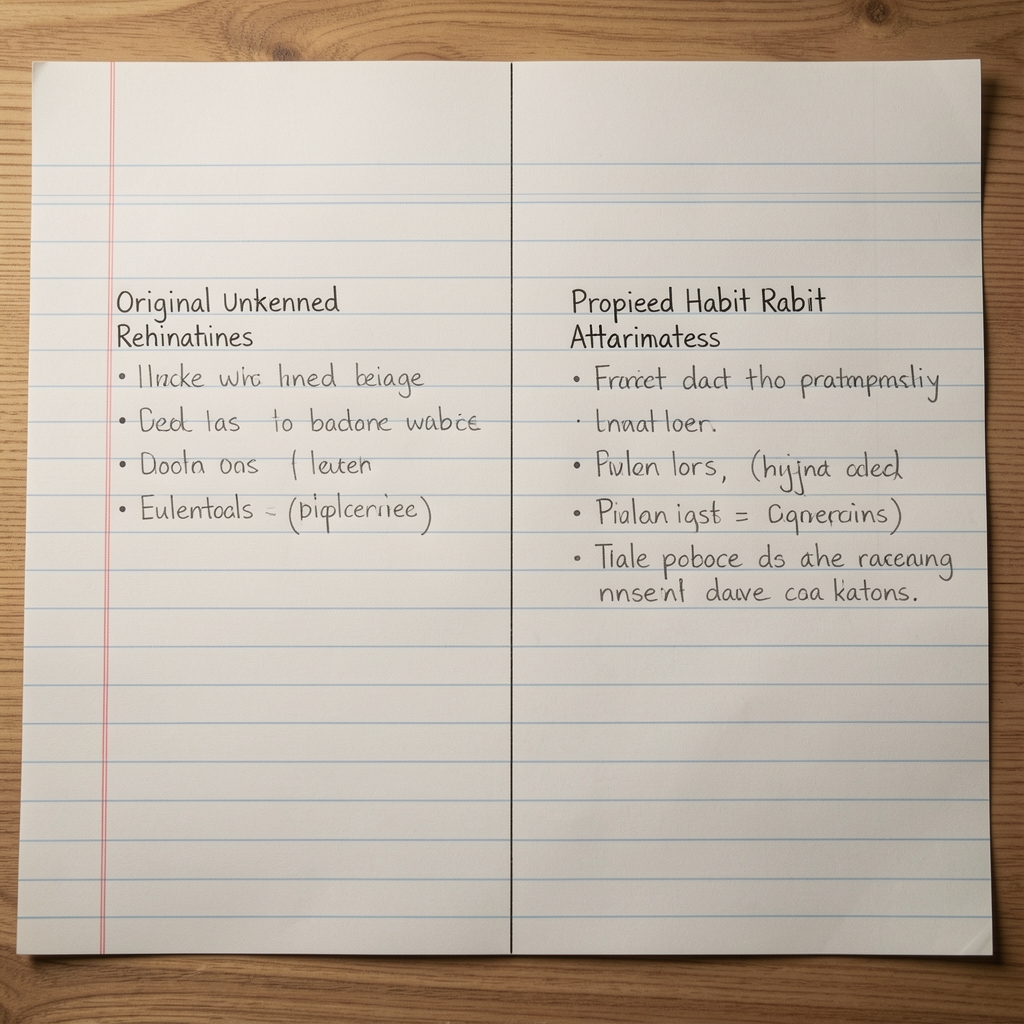 Side-by-side comparison chart on ruled paper showing original unwanted routine listed on the left and proposed habit replacement alternatives on the right, with evaluative annotations in pencil
