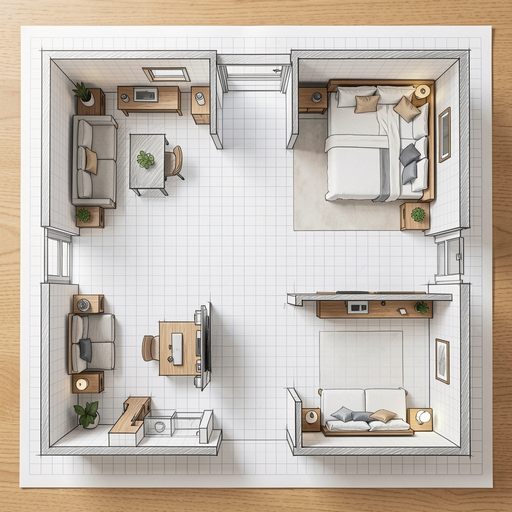 Overhead flat lay of a room layout sketch on grid paper showing annotated furniture arrangement changes for environmental design optimisation, pencil marks indicating modified object placements