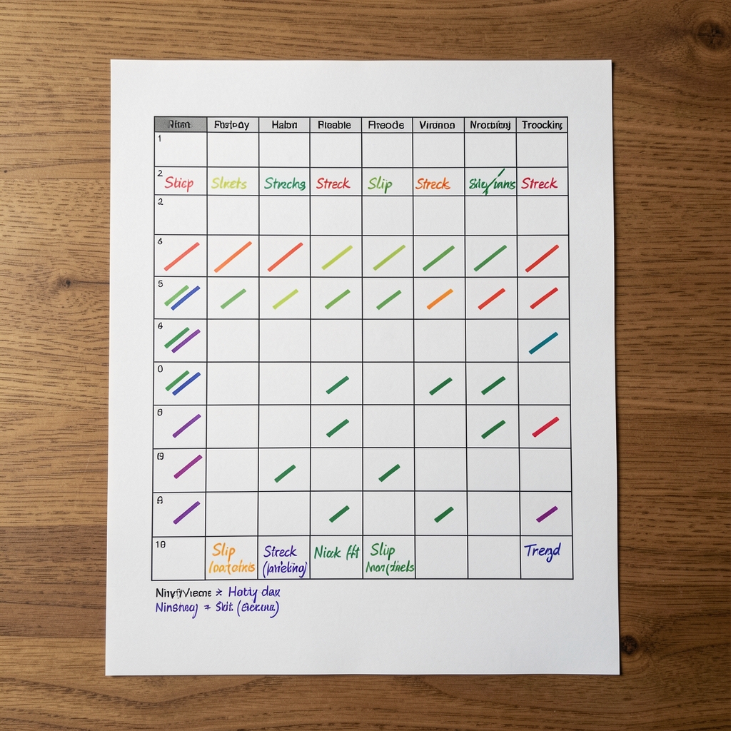 Ninety-day habit tracking grid on a printed sheet, showing streak marks, slip notations, and trend annotations in two ink colours, photographed flat on a wooden surface in clean studio lighting