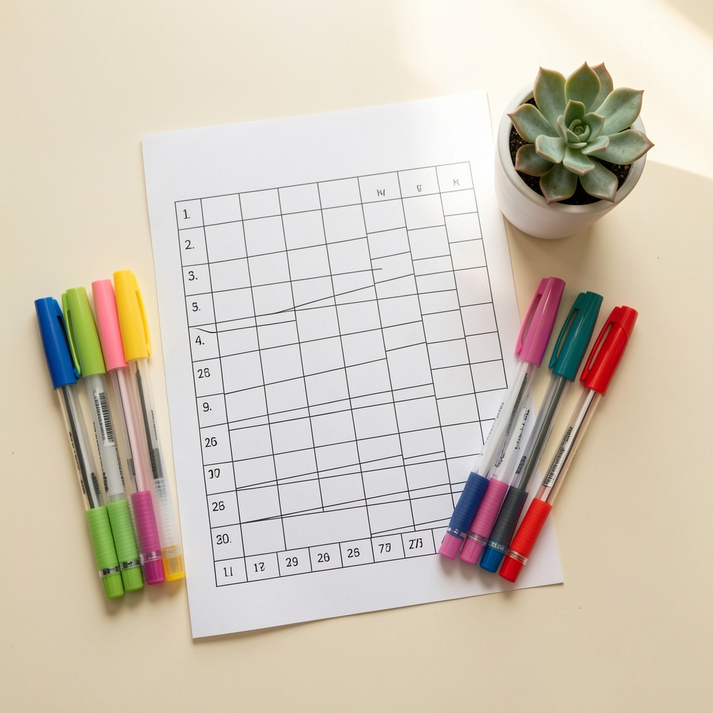 Flat lay of a habit tracker worksheet, coloured pens, and a small succulent plant on a cream-coloured surface with soft natural light
