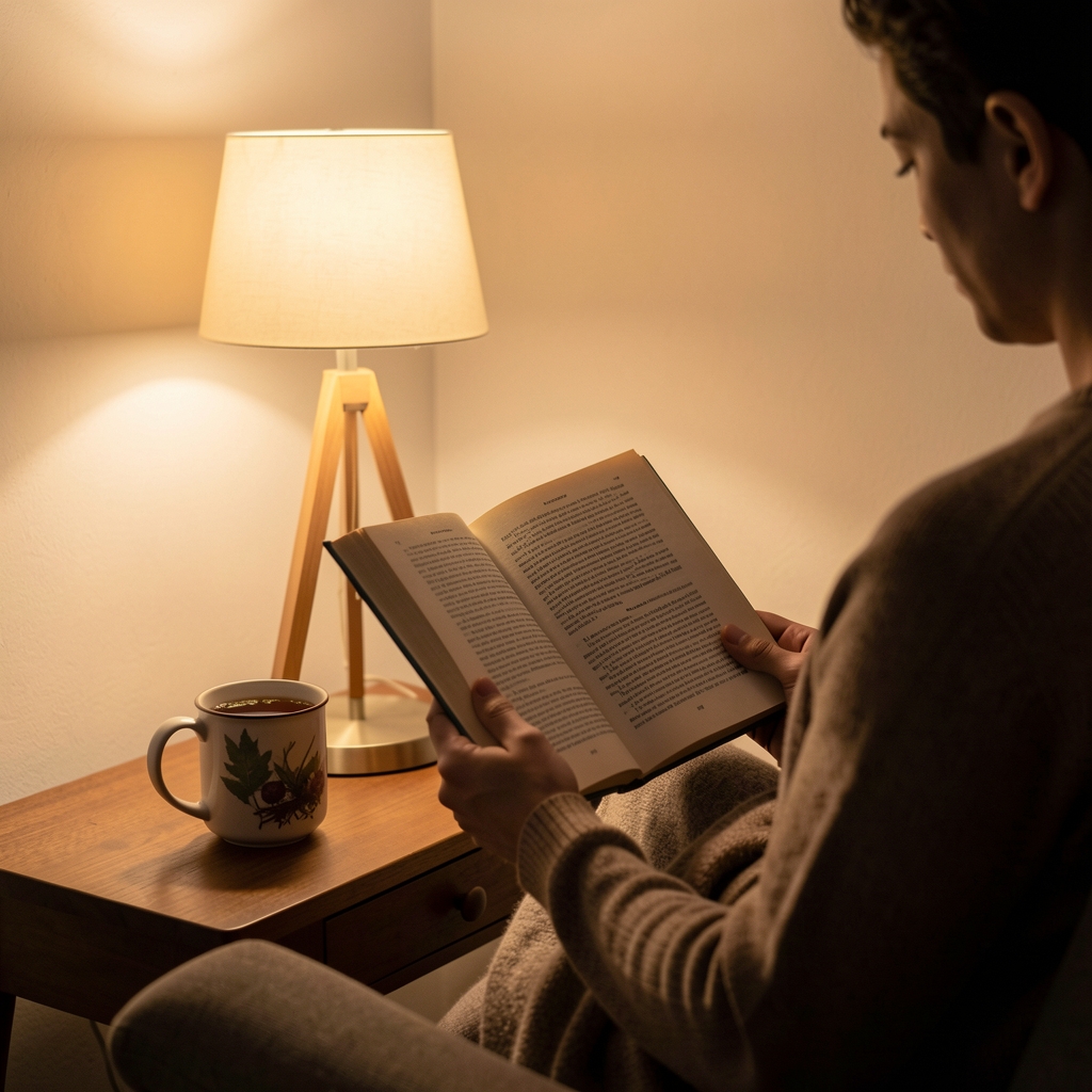 Evening wind-down scene with a person reading a printed book under warm lamp light, a herbal tea mug placed beside them on a side table