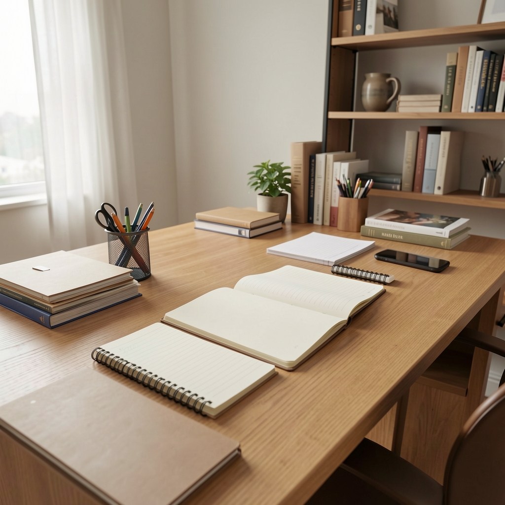 Wide-angle view of a neatly arranged home workspace with organised desk surface, a single open notebook, clear environmental design principles visible in the layout