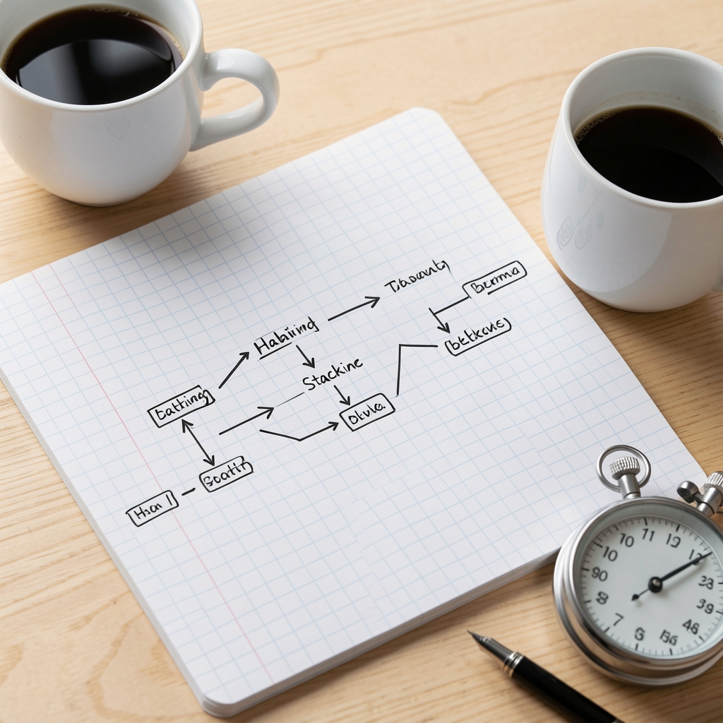 Detail shot of a habit stacking diagram drawn on grid paper, showing linked behaviour chains with arrows, surrounded by a cup of coffee and a timer on a light wooden surface