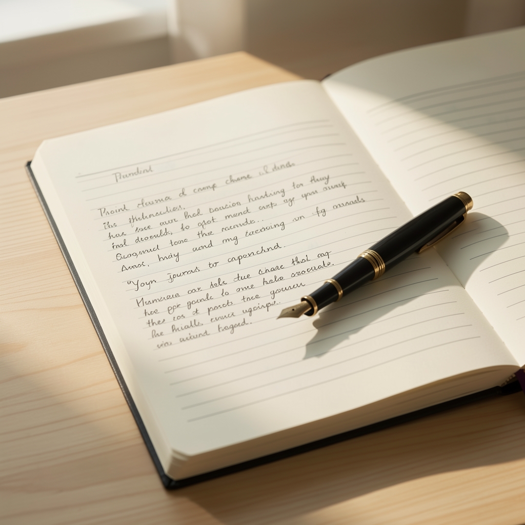 Journaling for change scene with an open lined notebook containing handwritten reflection notes, a fountain pen resting on the page, soft morning light on a light wooden surface