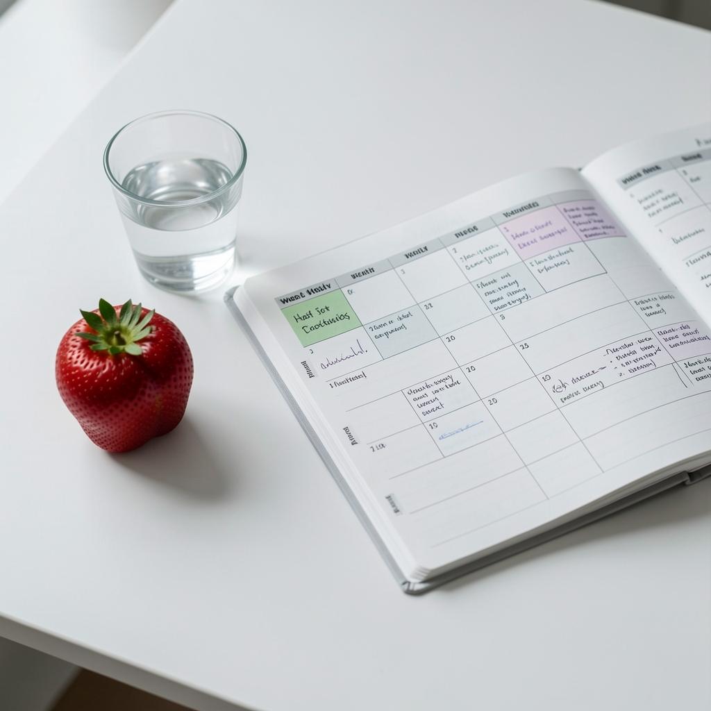 Mindful consumption setup with a small glass of water, a whole fruit, and a structured weekly planner open to a habit-tracking page on a clean white surface