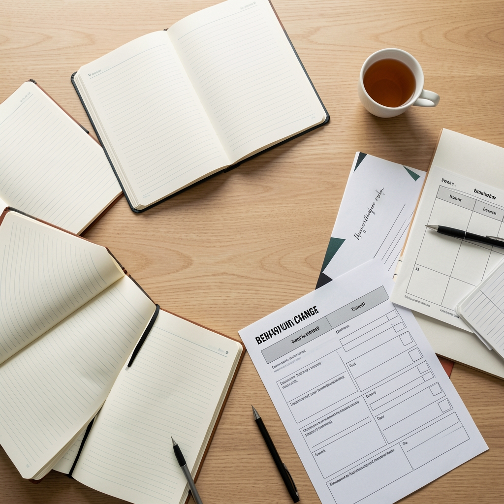 Overhead shot of a habit replacement strategy planning session showing multiple open notebooks, printed behaviour change worksheets, and a cup of tea on a clean wooden desk surface